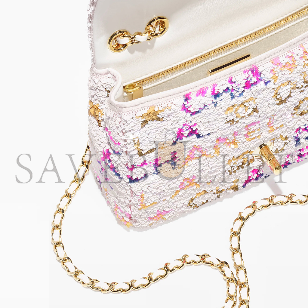 CHANEL SEQUIN LOGO CC SMALL SINGLE FLAP WHITE MULTICOLOR (20*13*6cm) 